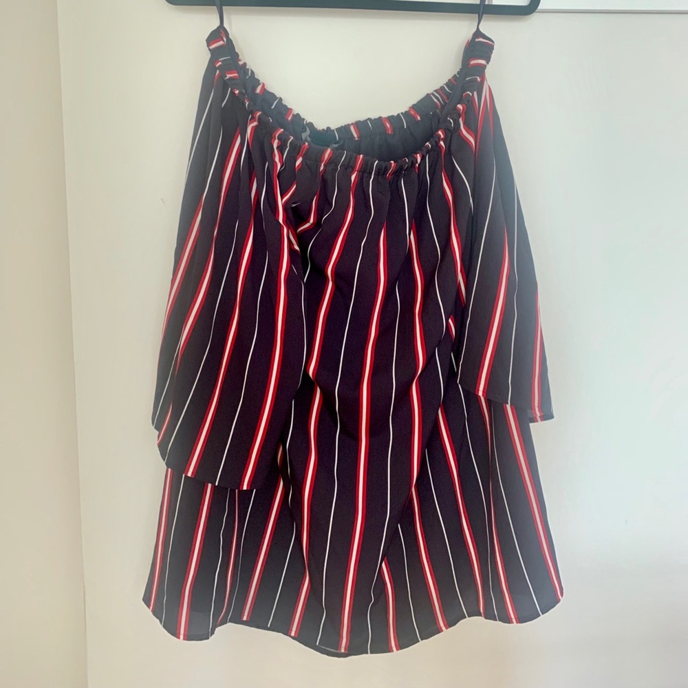 Off the shoulder navy mini dress with stripes